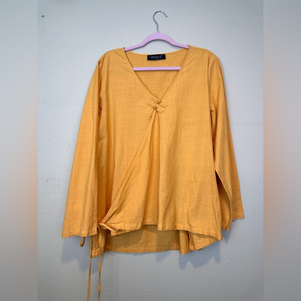 Gracila Cotton Tie Off Wrap Long Sleeve Top